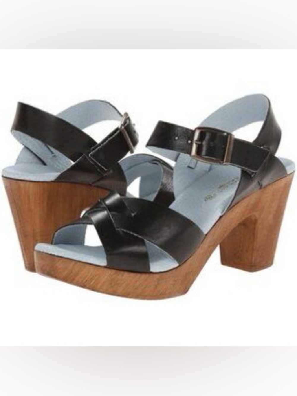 Eric Michael Leather Crossover Strap Wooden Block Heel Sandals in Black- Size 38